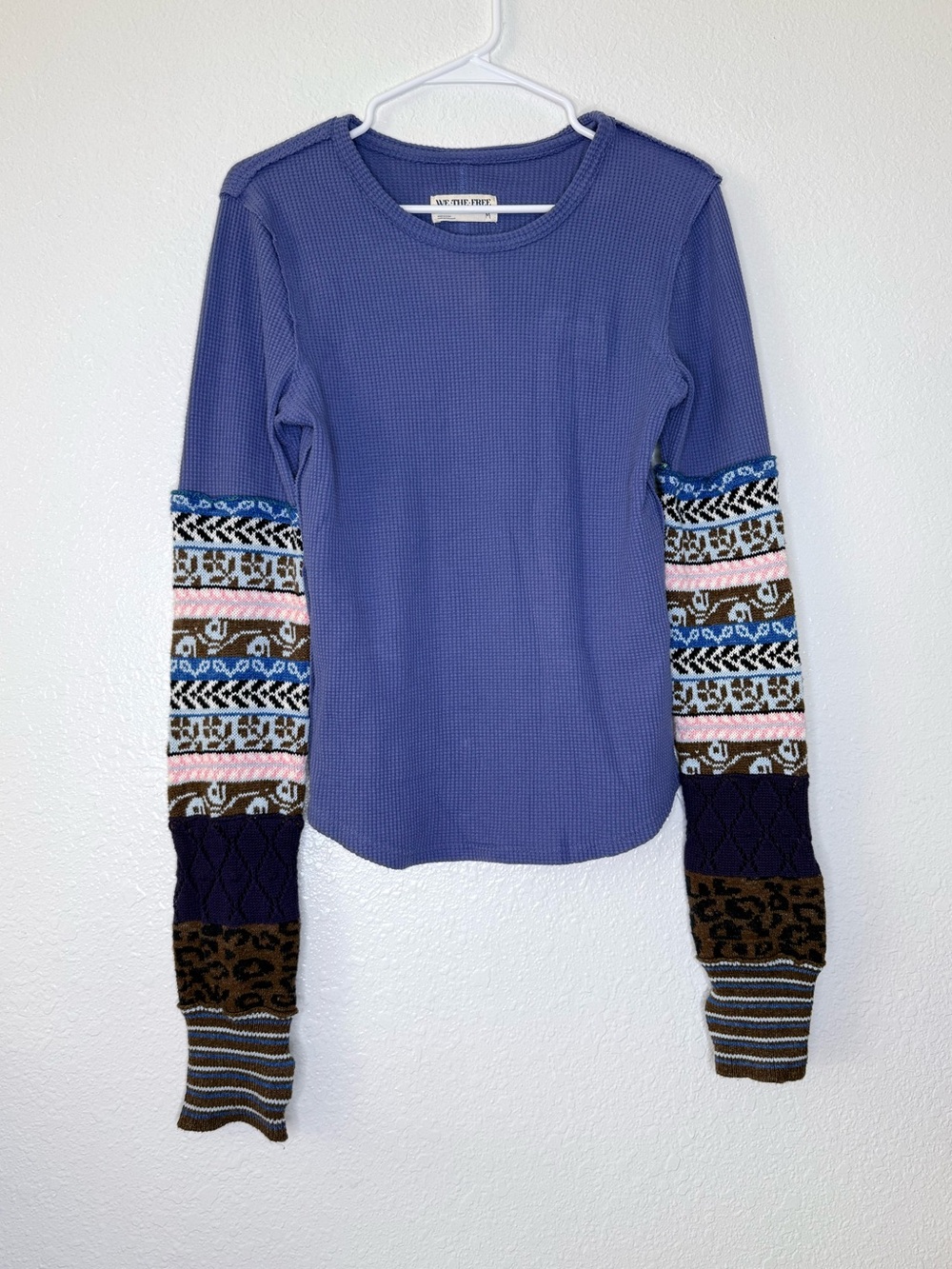 We The Free People Waffle Knit Thermal Sweater Fair Isle Sleeve Top Medium